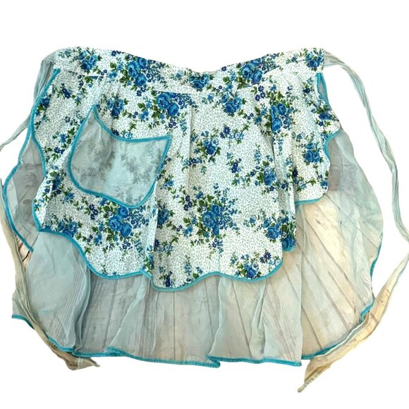 Vintage Blue Floral Sheer Half Apron With Pockets - Picture 3 of 4